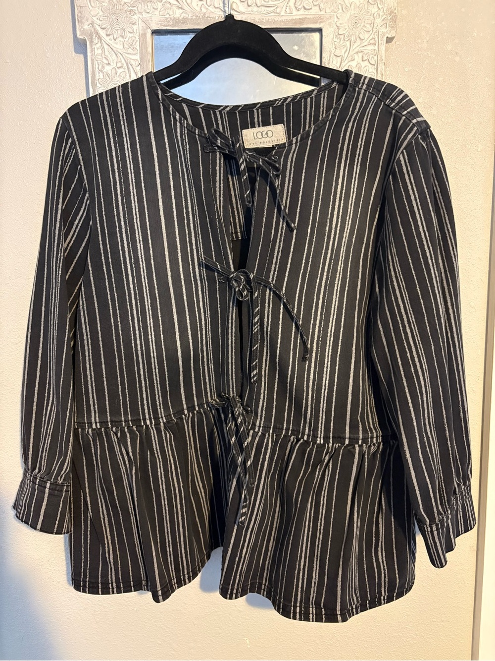 Black and White Striped Peplum Tie-Front Blouse